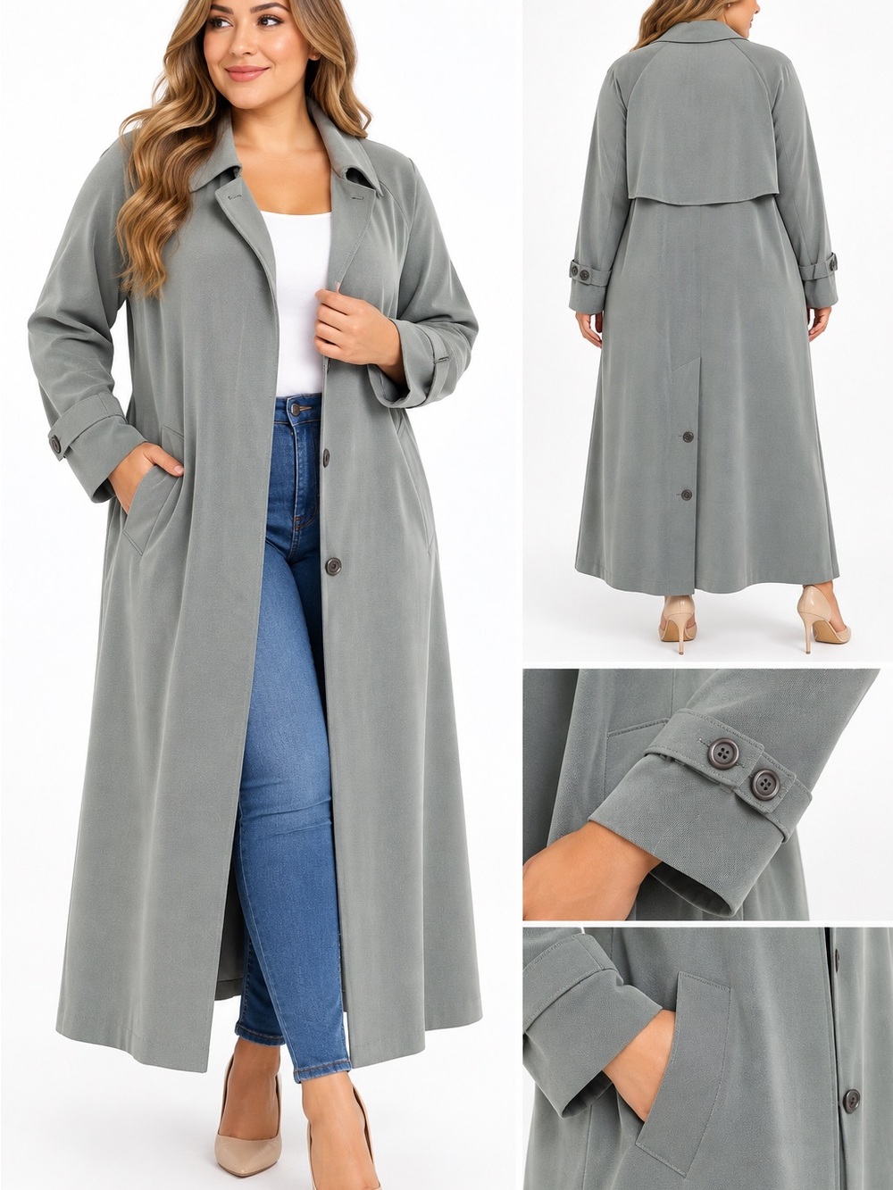 Plus-Size Long Grey Trench Coat